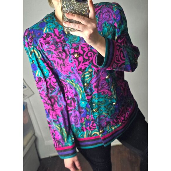 Vintage 80s Neon Paisley Pink Button Jacket Maximalist - Picture 1 of 12